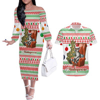 Madagascar Christmas Couples Matching Off The Shoulder Long Sleeve Dress and Hawaiian Shirt with Lemur Santa Hat Holiday Tree and Festive Pattern - Wonder Print Shop