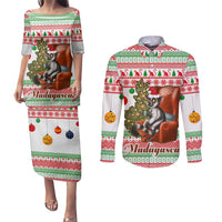 Madagascar Christmas Couples Matching Puletasi and Long Sleeve Button Shirt with Lemur Santa Hat Holiday Tree and Festive Pattern - Wonder Print Shop