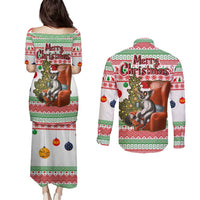 Madagascar Christmas Couples Matching Puletasi and Long Sleeve Button Shirt with Lemur Santa Hat Holiday Tree and Festive Pattern - Wonder Print Shop