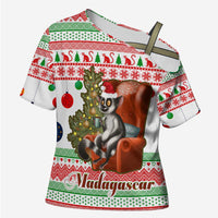 Madagascar Christmas Cross Shoulder Shirt with Lemur Santa Hat Holiday Tree and Festive Pattern - Wonder Print Shop