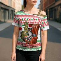 Madagascar Christmas Cross Shoulder Shirt with Lemur Santa Hat Holiday Tree and Festive Pattern - Wonder Print Shop