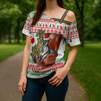 Madagascar Christmas Cross Shoulder Shirt with Lemur Santa Hat Holiday Tree and Festive Pattern - Wonder Print Shop