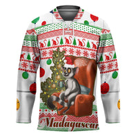 Madagascar Christmas Hockey Jersey with Lemur Santa Hat Holiday Tree and Festive Pattern - Wonder Print Shop