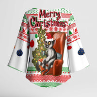 Madagascar Christmas Kimono Sleeve Blouse with Lemur Santa Hat Holiday Tree and Festive Pattern - Wonder Print Shop