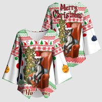Madagascar Christmas Kimono Sleeve Blouse with Lemur Santa Hat Holiday Tree and Festive Pattern - Wonder Print Shop