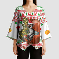 Madagascar Christmas Kimono Sleeve Blouse with Lemur Santa Hat Holiday Tree and Festive Pattern - Wonder Print Shop