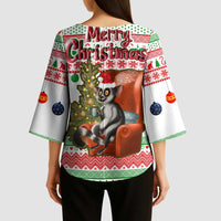 Madagascar Christmas Kimono Sleeve Blouse with Lemur Santa Hat Holiday Tree and Festive Pattern - Wonder Print Shop