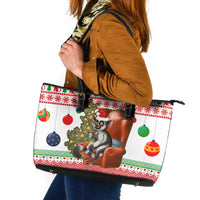 Madagascar Christmas Leather Tote Bag with Lemur Santa Hat Holiday Tree and Festive Pattern - Wonder Print Shop