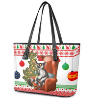Madagascar Christmas Leather Tote Bag with Lemur Santa Hat Holiday Tree and Festive Pattern - Wonder Print Shop