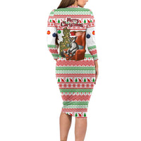 Madagascar Christmas Long Sleeve Bodycon Dress with Lemur Santa Hat Holiday Tree and Festive Pattern - Wonder Print Shop