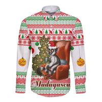 Madagascar Christmas Long Sleeve Button Shirt with Lemur Santa Hat Holiday Tree and Festive Pattern - Wonder Print Shop