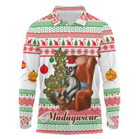 Madagascar Christmas Long Sleeve Polo Shirt with Lemur Santa Hat Holiday Tree and Festive Pattern - Wonder Print Shop