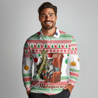 Madagascar Christmas Long Sleeve Polo Shirt with Lemur Santa Hat Holiday Tree and Festive Pattern - Wonder Print Shop