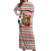 Madagascar Christmas Off Shoulder Maxi Dress with Lemur Santa Hat Holiday Tree and Festive Pattern - Wonder Print Shop
