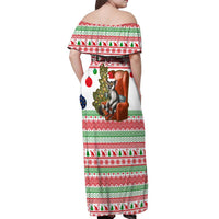 Madagascar Christmas Off Shoulder Maxi Dress with Lemur Santa Hat Holiday Tree and Festive Pattern - Wonder Print Shop