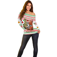 Madagascar Christmas Off Shoulder Sweater with Lemur Santa Hat Holiday Tree and Festive Pattern - Wonder Print Shop