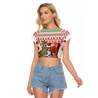 Madagascar Christmas Raglan Cropped T Shirt with Lemur Santa Hat Holiday Tree and Festive Pattern - Wonder Print Shop