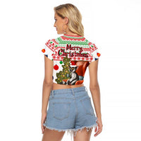 Madagascar Christmas Raglan Cropped T Shirt with Lemur Santa Hat Holiday Tree and Festive Pattern - Wonder Print Shop