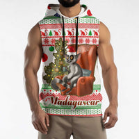 Madagascar Christmas Sleeveless Hoodie with Lemur Santa Hat Holiday Tree and Festive Pattern - Wonder Print Shop