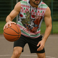 Madagascar Christmas Sleeveless Hoodie with Lemur Santa Hat Holiday Tree and Festive Pattern - Wonder Print Shop