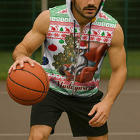 Madagascar Christmas Sleeveless Zip Hoodie with Lemur Santa Hat Holiday Tree and Festive Pattern - Wonder Print Shop