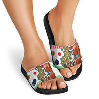 Madagascar Christmas Slide Sandals with Lemur Santa Hat Holiday Tree and Festive Pattern - Wonder Print Shop