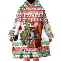 Madagascar Christmas Wearable Blanket Hoodie with Lemur Santa Hat Holiday Tree and Festive Pattern - Wonder Print Shop