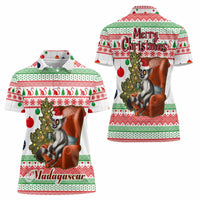 Madagascar Christmas Women Polo Shirt with Lemur Santa Hat Holiday Tree and Festive Pattern - Wonder Print Shop