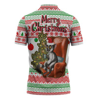 Madagascar Christmas Zipper Polo Shirt with Lemur Santa Hat Holiday Tree and Festive Pattern - Wonder Print Shop