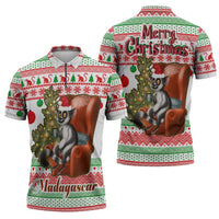 Madagascar Christmas Zipper Polo Shirt with Lemur Santa Hat Holiday Tree and Festive Pattern - Wonder Print Shop
