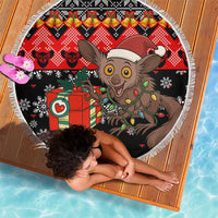 Madagascar Christmas Beach Blanket with Aye Aye Lemur Santa Hat Holiday Lights and Gift Box Pattern - Wonder Print Shop
