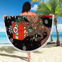 Madagascar Christmas Beach Blanket with Aye Aye Lemur Santa Hat Holiday Lights and Gift Box Pattern - Wonder Print Shop