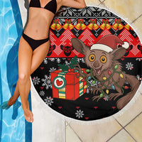 Madagascar Christmas Beach Blanket with Aye Aye Lemur Santa Hat Holiday Lights and Gift Box Pattern - Wonder Print Shop