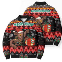 Madagascar Christmas Bomber Puffer Jacket with Aye Aye Lemur Santa Hat Holiday Lights and Gift Box Pattern - Wonder Print Shop