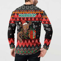 Madagascar Christmas Button Sweatshirt with Aye Aye Lemur Santa Hat Holiday Lights and Gift Box Pattern - Wonder Print Shop