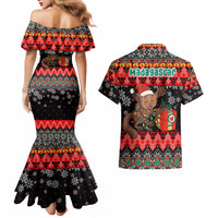 Madagascar Christmas Couples Matching Mermaid Dress and Hawaiian Shirt with Aye Aye Lemur Santa Hat Holiday Lights and Gift Box Pattern - Wonder Print Shop