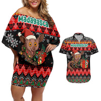 Madagascar Christmas Couples Matching Off Shoulder Short Dress and Hawaiian Shirt with Aye Aye Lemur Santa Hat Holiday Lights and Gift Box Pattern - Wonder Print Shop