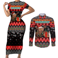Madagascar Christmas Couples Matching Short Sleeve Bodycon Dress and Long Sleeve Button Shirt with Aye Aye Lemur Santa Hat Holiday Lights and Gift Box Pattern - Wonder Print Shop
