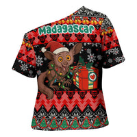 Madagascar Christmas Cross Shoulder Shirt with Aye Aye Lemur Santa Hat Holiday Lights and Gift Box Pattern - Wonder Print Shop
