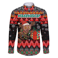 Madagascar Christmas Family Matching Off The Shoulder Long Sleeve Dress and Hawaiian Shirt with Aye Aye Lemur Santa Hat Holiday Lights and Gift Box Pattern - Wonder Print Shop