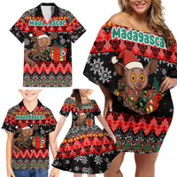Madagascar Christmas Family Matching Off Shoulder Short Dress and Hawaiian Shirt with Aye Aye Lemur Santa Hat Holiday Lights and Gift Box Pattern - Wonder Print Shop