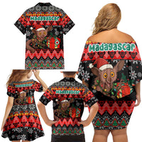 Madagascar Christmas Family Matching Off Shoulder Short Dress and Hawaiian Shirt with Aye Aye Lemur Santa Hat Holiday Lights and Gift Box Pattern - Wonder Print Shop