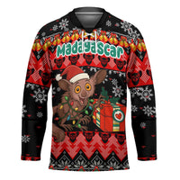 Madagascar Christmas Hockey Jersey with Aye Aye Lemur Santa Hat Holiday Lights and Gift Box Pattern - Wonder Print Shop