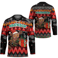 Madagascar Christmas Hockey Jersey with Aye Aye Lemur Santa Hat Holiday Lights and Gift Box Pattern - Wonder Print Shop