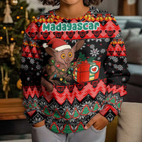 Madagascar Christmas Kid Ugly Christmas Sweater with Aye Aye Lemur Santa Hat Holiday Lights and Gift Box Pattern - Wonder Print Shop