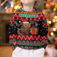 Madagascar Christmas Kid Ugly Christmas Sweater with Aye Aye Lemur Santa Hat Holiday Lights and Gift Box Pattern - Wonder Print Shop