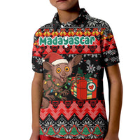 Madagascar Christmas Kid Polo Shirt with Aye Aye Lemur Santa Hat Holiday Lights and Gift Box Pattern - Wonder Print Shop