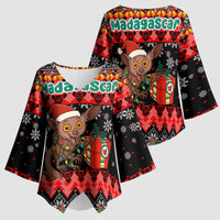 Madagascar Christmas Kimono Sleeve Blouse with Aye Aye Lemur Santa Hat Holiday Lights and Gift Box Pattern - Wonder Print Shop