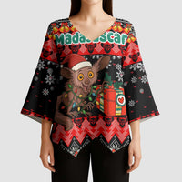 Madagascar Christmas Kimono Sleeve Blouse with Aye Aye Lemur Santa Hat Holiday Lights and Gift Box Pattern - Wonder Print Shop