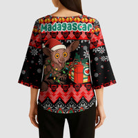 Madagascar Christmas Kimono Sleeve Blouse with Aye Aye Lemur Santa Hat Holiday Lights and Gift Box Pattern - Wonder Print Shop